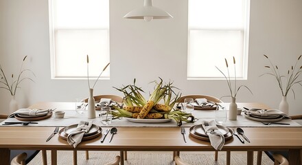 Elegant dining table set with corn centerpiece in a bright neutral toned modern dining room setting