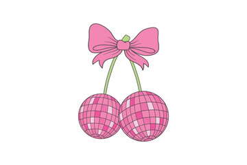Pink Disco Ball Cherries with a Bow Illustration for Party and Girly Sublimation Design