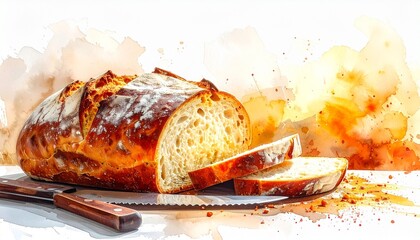 Sliced Artisan Bread with Serrated Knife and Autumn Leaf on White Background Symbolizing Homemade Baking Seasonal Comfort and Rustic Culinary Styling for Editorial and Lifestyle Use