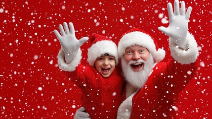Joyful santa and child celebrating christmas in snowy red wonderland
