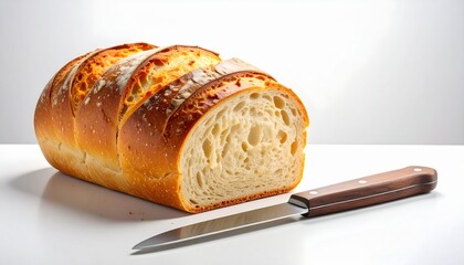 Sliced Artisan Bread with Serrated Knife and Autumn Leaf on White Background Symbolizing Homemade Baking Seasonal Comfort and Rustic Culinary Styling for Editorial and Lifestyle Use