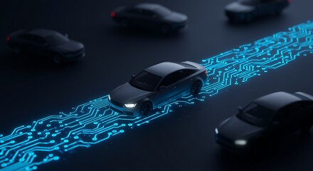 Futuristic autonomous cars driving on a digital circuit board highway