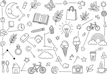 doodle, icons, symbols, stars, moon, rainbow, flowers, food, coffee, cupcake, bicycle, camera, book, music, heart, artwork