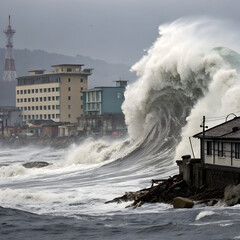 a tsunami wave crashing into the city and damaging