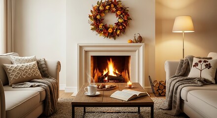 Cozy living room with fireplace autumn wreath and coffee table set for a relaxing fall evening
