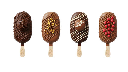 Assortment of cold summer popsicles isolated on transparent background. Colorful popsicle isolated on white, chocolate popsicle bar isolated on white, png chocolate bar popsicle