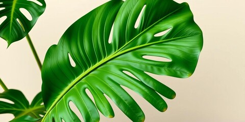 Lush green Monstera deliciosa leaf with dramatic fenestrations against a neutral background,  texture,  greenery