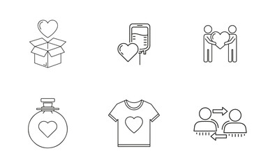 Premium 6-Icon Charity Line Art Set: Vector Icons for Non-Profit, Blood Donation Drive, Volunteer Programs, and Social Giving Campaigns