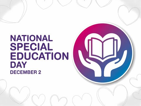 National special education day december 2nd celebrated with heart shaped book and caring hands symbol