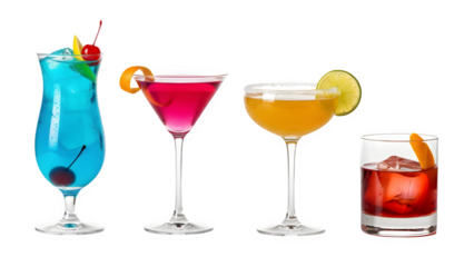 a set of cocktails: gin tonic, blue lagoon, tequila sunrise, iced irish coffee, pina colada, mai tai, cocktail with rum, whiskey, mojito, bar menu drinks, cocktails isolated PNG