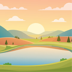 Obraz premium Sunset Over Rolling Hills and Tranquil Lake with Green Fields and Distant Mountains in Warm Colors Peaceful Vector Landscape