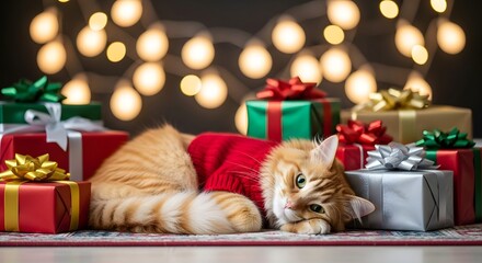 An adorable ginger cat in a red sweater rests comfortably among a pile of wrapped Christmas gifts with festive bokeh lights in the background.