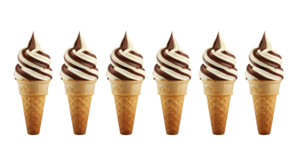 Ice cream scoop on waffle cone on transparent background cutout, PNG file. Many assorted different flavour Mockup template for artwork design., Set of Ice cream cones with different flavors, isolated 