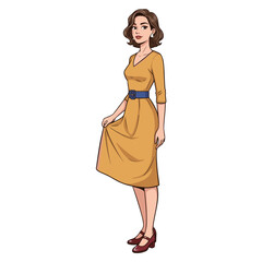 Elegant Retro Woman in Yellow Dress and Blue Belt Vintage Style Fashion Vector Illustration