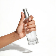 Hand holding a bottle, isolated against a white background.