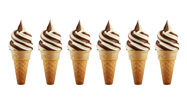 Ice cream scoop on waffle cone on transparent background cutout, PNG file. Many assorted different flavour Mockup template for artwork design., Set of Ice cream cones with different flavors, isolated 