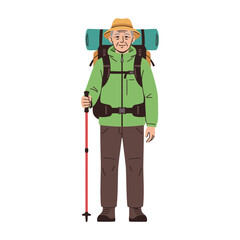 Elderly Man Hiker with Backpack and Trekking Pole Vector Illustration