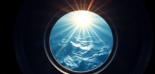 Submarine's viewport reveals sunbeams piercing deep ocean, dark blue, discovery