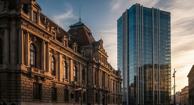 Architectural contrast historic building meets modern skyscraper in city