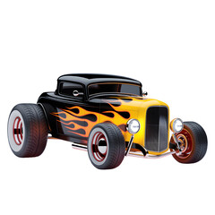 Black coupe hot rod with yellow and orange flame livery, stylized 3D rendering, isolated on transparent background