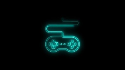 Teal neon outline of a video game controller with cord on black gamepad joystick - Powered by Adobe
