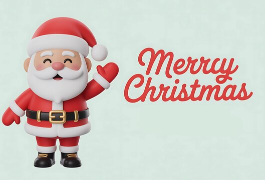 Merry Christmas Greeting Cheerful 3D Cartoon Santa Claus Waving Next to Bold Red Text on a Clean, Minimalist Light Green Background.