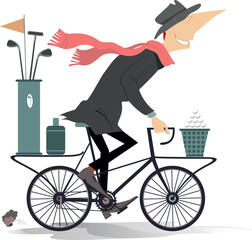 Rainy and windy day. Golfer man in warm cloth rides to play golf on the bicycle. White background