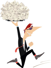 Success in business. Gambling. Lottery.
Happy running man holding a tray full of money under his had
