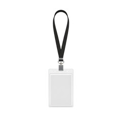 Fototapeta premium Blank white id card badge hanging on black lanyard