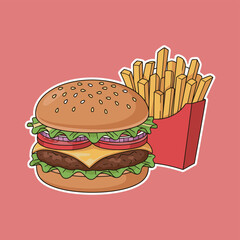 Delicious Burger and French Fries Vector Illustration on Pink Background