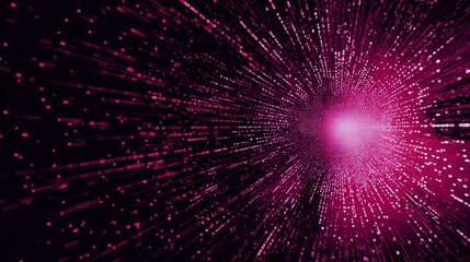 Glowing magenta particles stream rapidly through a digital tunnel towards a central bright light