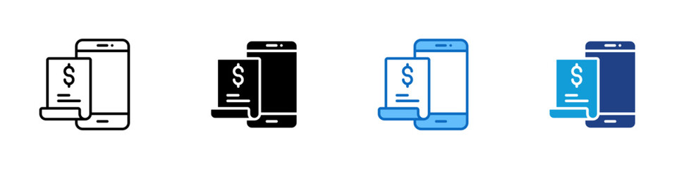 Mobile Billing Multiple Style Icon Design Vector - Smartphone with bill and dollar sign, representing online invoice or digital billing service