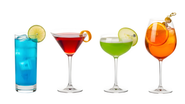 a set of cocktails: gin tonic, blue lagoon, tequila sunrise, iced irish coffee, pina colada, mai tai, cocktail with rum, whiskey, mojito, bar menu drinks, cocktails isolated PNG	