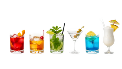 a set of cocktails: gin tonic, blue lagoon, tequila sunrise, iced irish coffee, pina colada, mai tai, cocktail with rum, whiskey, mojito, bar menu drinks, cocktails isolated PNG	