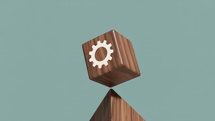 Balancing wooden blocks with a gear symbol representing stability, precision, and intricate mechanisms