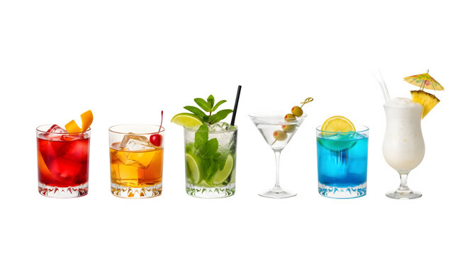 a set of cocktails: gin tonic, blue lagoon, tequila sunrise, iced irish coffee, pina colada, mai tai, cocktail with rum, whiskey, mojito, bar menu drinks, cocktails isolated PNG	