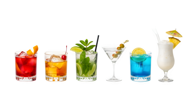 a set of cocktails: gin tonic, blue lagoon, tequila sunrise, iced irish coffee, pina colada, mai tai, cocktail with rum, whiskey, mojito, bar menu drinks, cocktails isolated PNG
