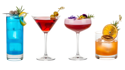 a set of cocktails: gin tonic, blue lagoon, tequila sunrise, iced irish coffee, pina colada, mai tai, cocktail with rum, whiskey, mojito, bar menu drinks, cocktails isolated PNG	