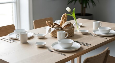 Table setting with white dishes bread basket and flower for a simple elegant breakfast or lunch scene