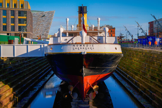 Belfast, Northern Ireland &ndash; October 29, 2025: SS Nomadic, a White Star Line tender launched in 1911, is preserved and displayed in the Titanic Quarter near its original Harland and Wolff birthplace.
