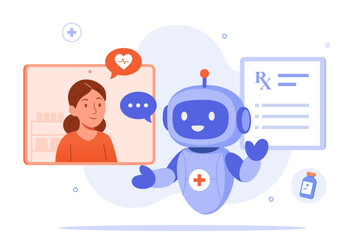 AI medical assistant or chatbot doctor providing online telemedicine consultation to a female patient via a tablet, with a digital prescription. Healthcare technology illustration concept