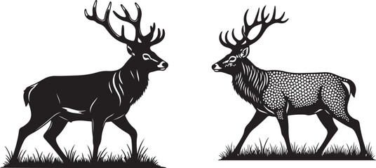 Naklejka premium Detailed engraving style illustration of a majestic stag gracefully walking through a lush grassy field at dawn