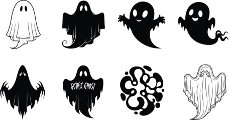Ghost silhouette vector illustration, spooky Halloween artwork, haunted spirit design, scary phantom graphic, gothic horror decoration, cad drawing flat vector illustration