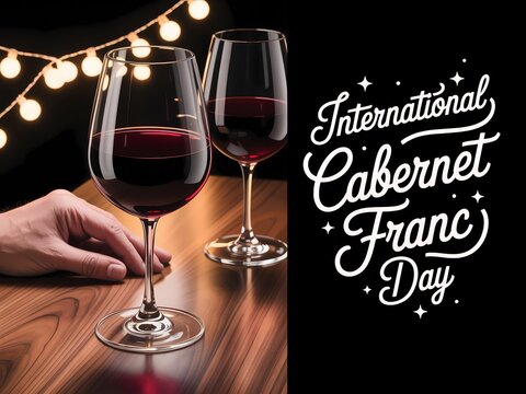 Celebrating international cabernet franc day with two glasses of red wine and festive lights