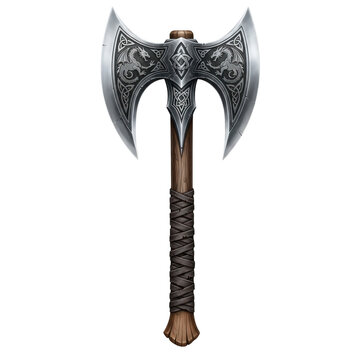 A highly detailed ornate double headed battle axe with intricate carvings and a leather wrapped handle isolated on transparent background