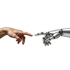 Human finger reaching toward a chrome robotic finger, The Creation of Adam technology concept, isolated on transparent background