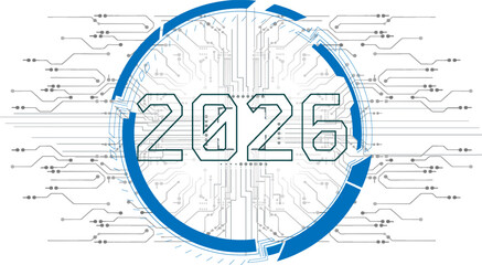 Digital design concept for the year 2026 with circuit patterns and futuristic elements