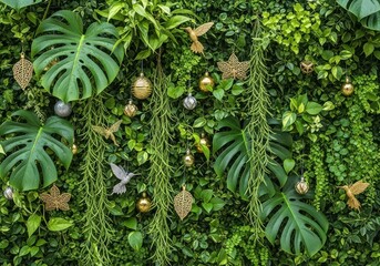 Lush greenery adorned with festive ornaments and decorative birds
