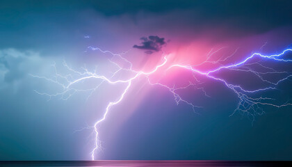 Electrifying lightning bolt illuminates dramatic thunderstorm night sky over sea
