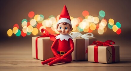 A festive Christmas elf doll sits in front of wrapped gift boxes with colorful bokeh lights in the background.
